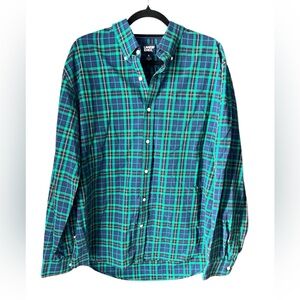 Lands’ End Men’s XL No Iron Plaid Shirt Navy Green Button Down Cotton